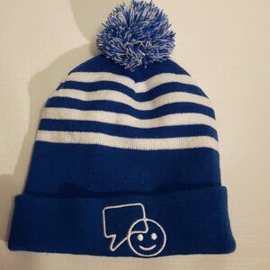 Bell Let's Talk Day White and Blue Striped Toque Pom Pom Beanie